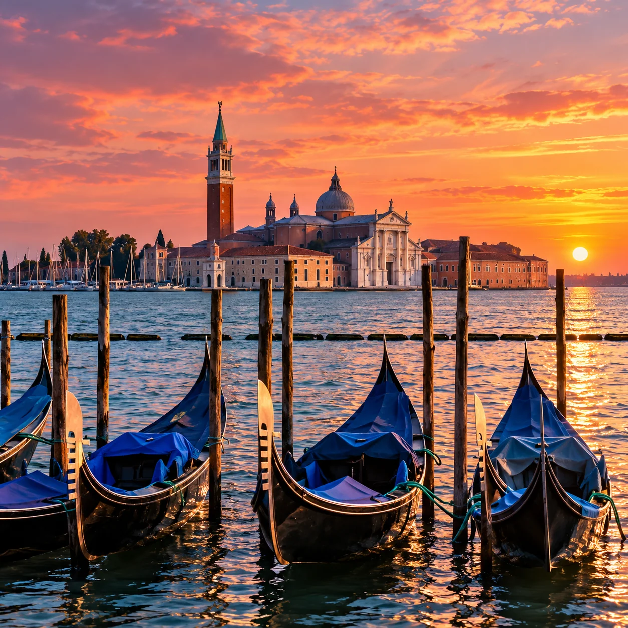 Gondole e San Giorgio Maggiore a Venezia al tramonto